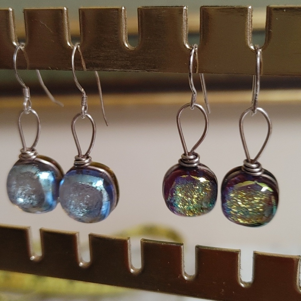 Round Dichroic Glass Sterling Wrapped Earrings - Picture 12 of 16
